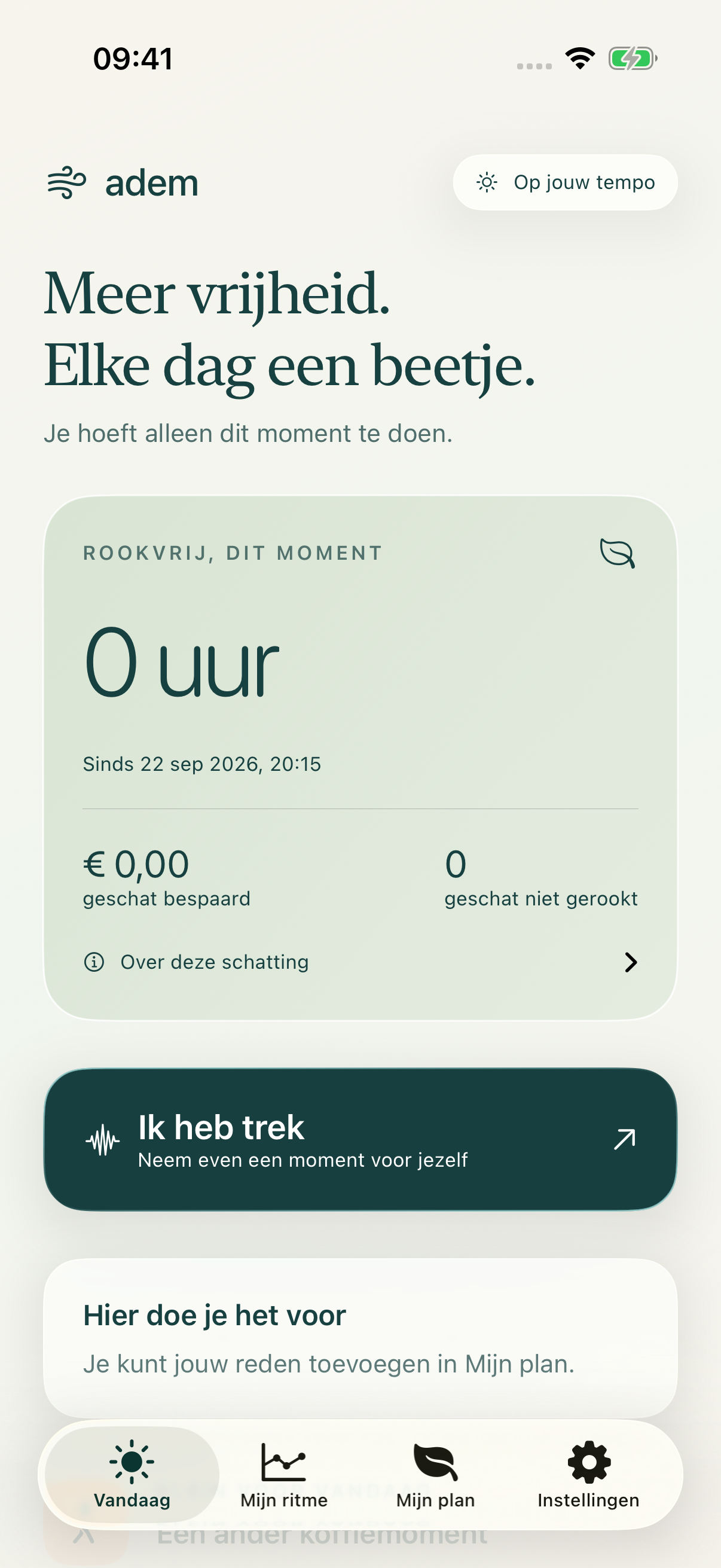 Het Vandaag-scherm van Adem met rookvrije tijd, geschatte besparing en de knop Ik heb trek